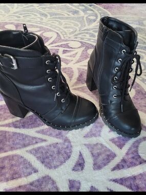 Diba Black Lace-Up Ankle Boots with Buckle & Stud Trim
